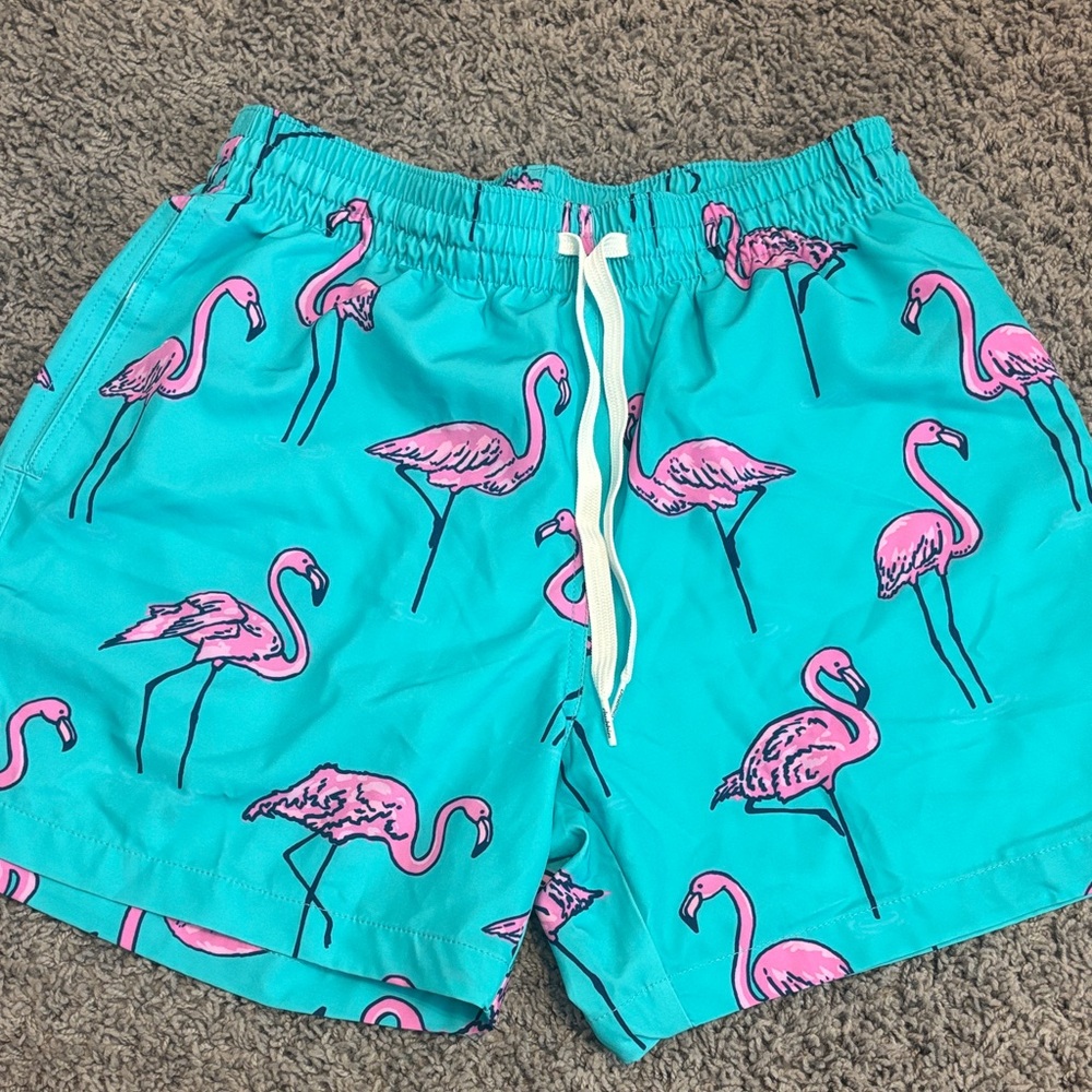 Turquoise Flamingo Print Chubbies S - 5.5 Inseam